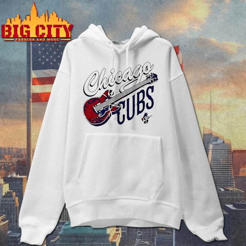 Chicago Cubs Red Electric Guitar With Lightning Bolts And Small Bear Playing Music Shirt
