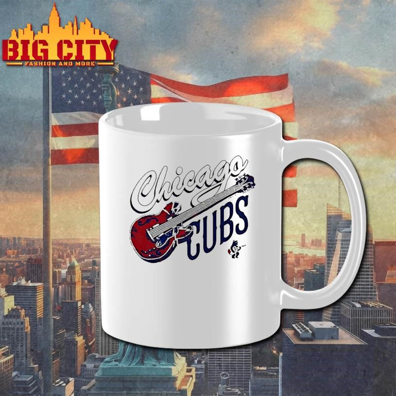 Chicago Cubs Red Electric Guitar With Lightning Bolts And Small Bear Playing Music Shirt