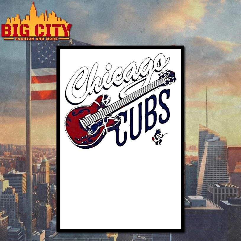 Chicago Cubs Red Electric Guitar With Lightning Bolts And Small Bear Playing Music Shirt