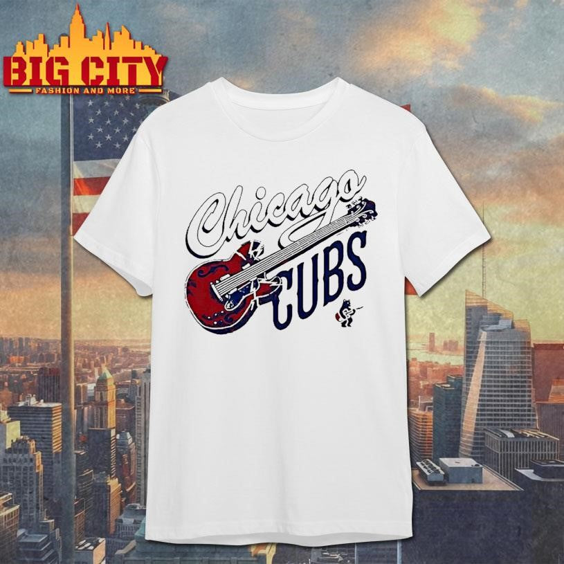 Chicago Cubs Red Electric Guitar With Lightning Bolts And Small Bear Playing Music Shirt