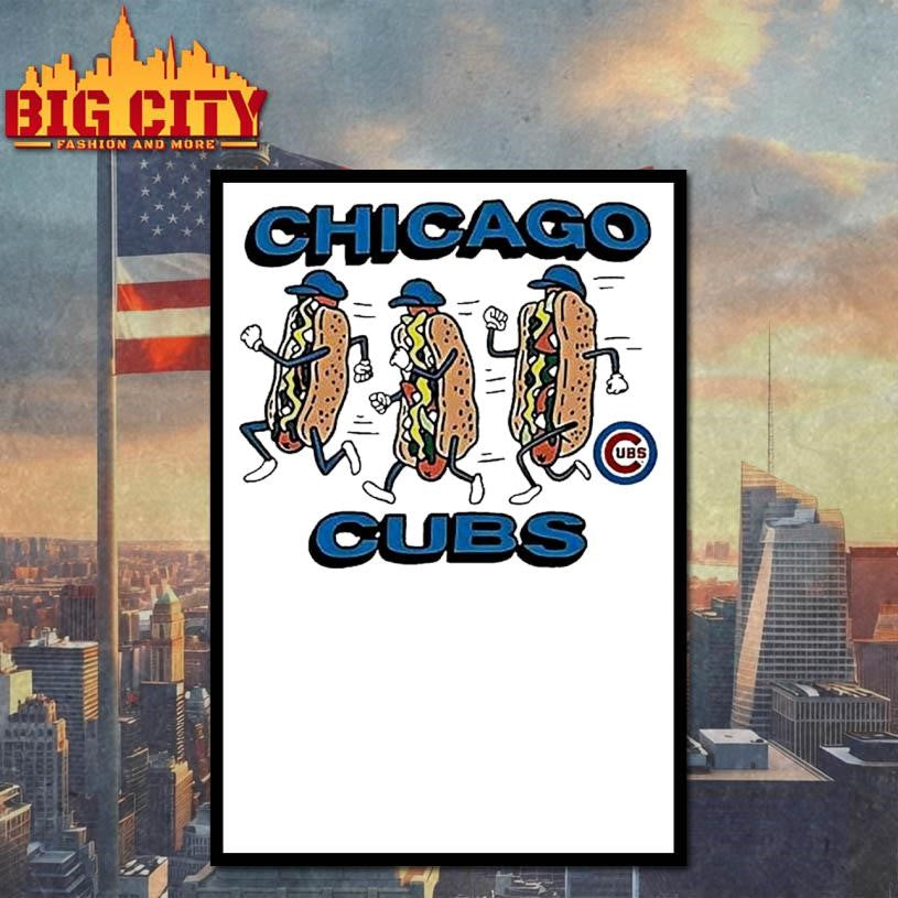 Chicago Cubs Three Running Hot Dogs Wearing Blue Hats And Gloves Sports Graphic Shirt