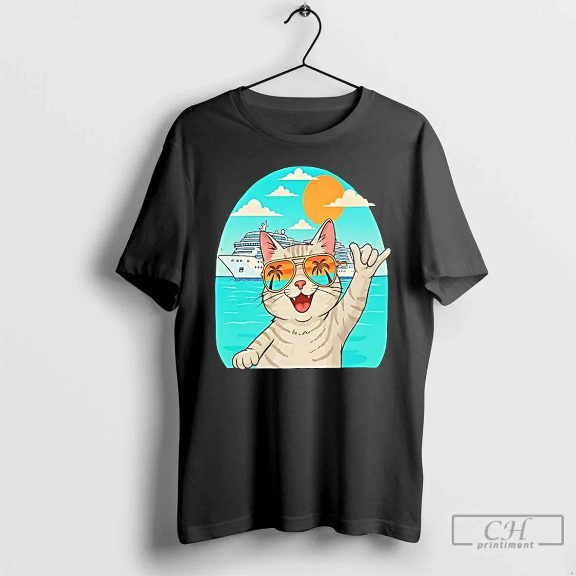 Classic Tabby Cat Wearing Sunglasses Behind Yacht Funny T-Shirts