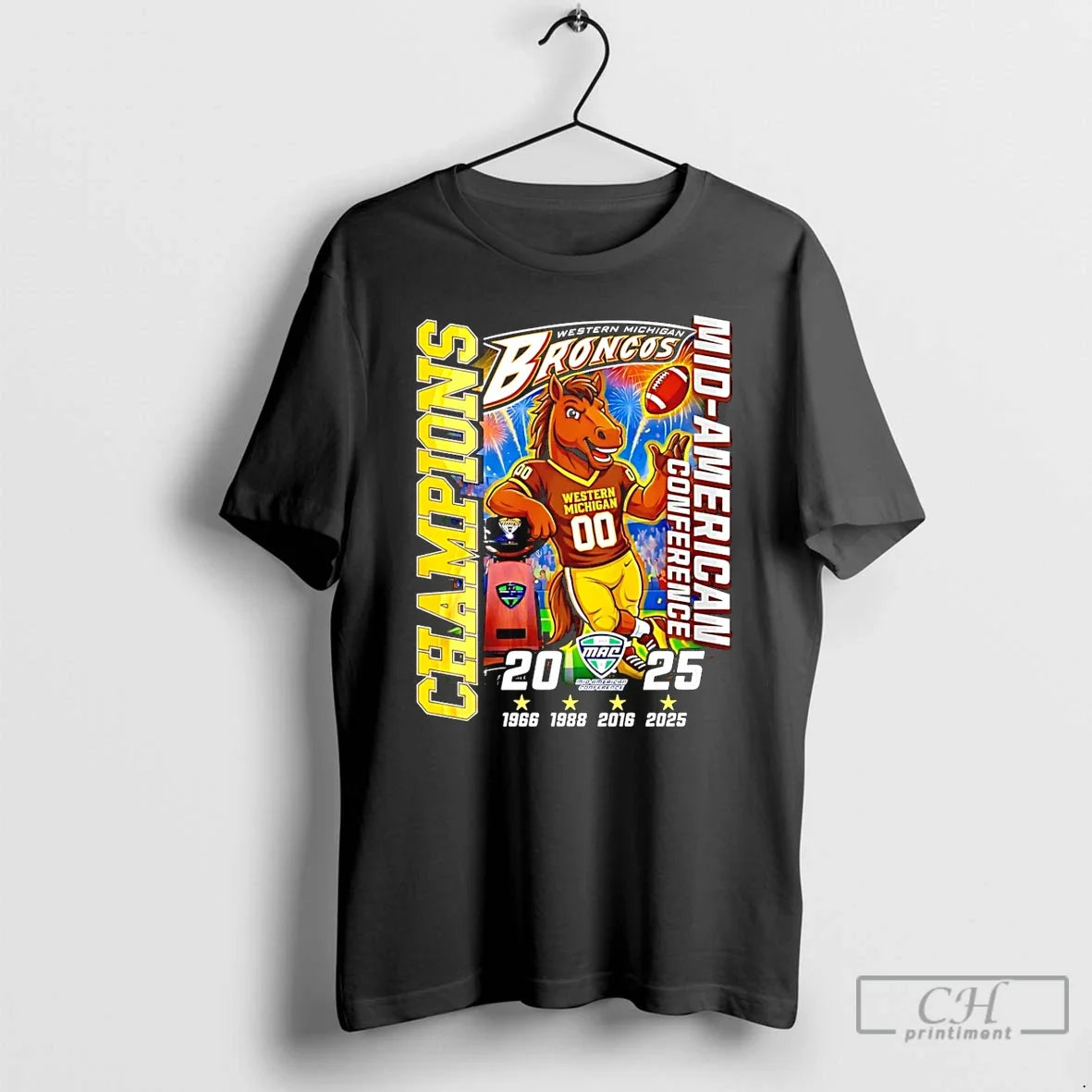 Classic Western Michigan Broncos 2025 Mid American Conference Champions 4 Time Mascot T-Shirts