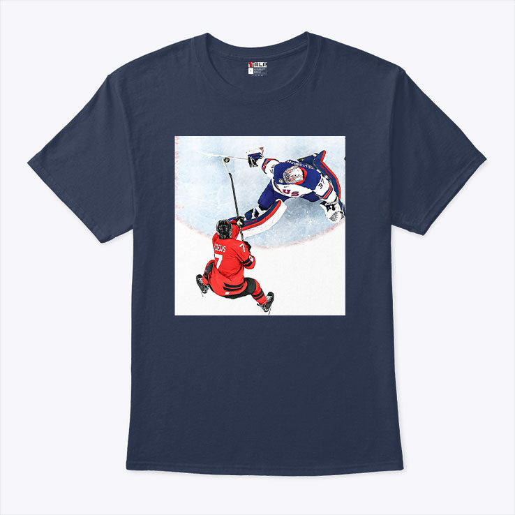 Connor Hellebuyck Goalie Save USA Gold T Shirt