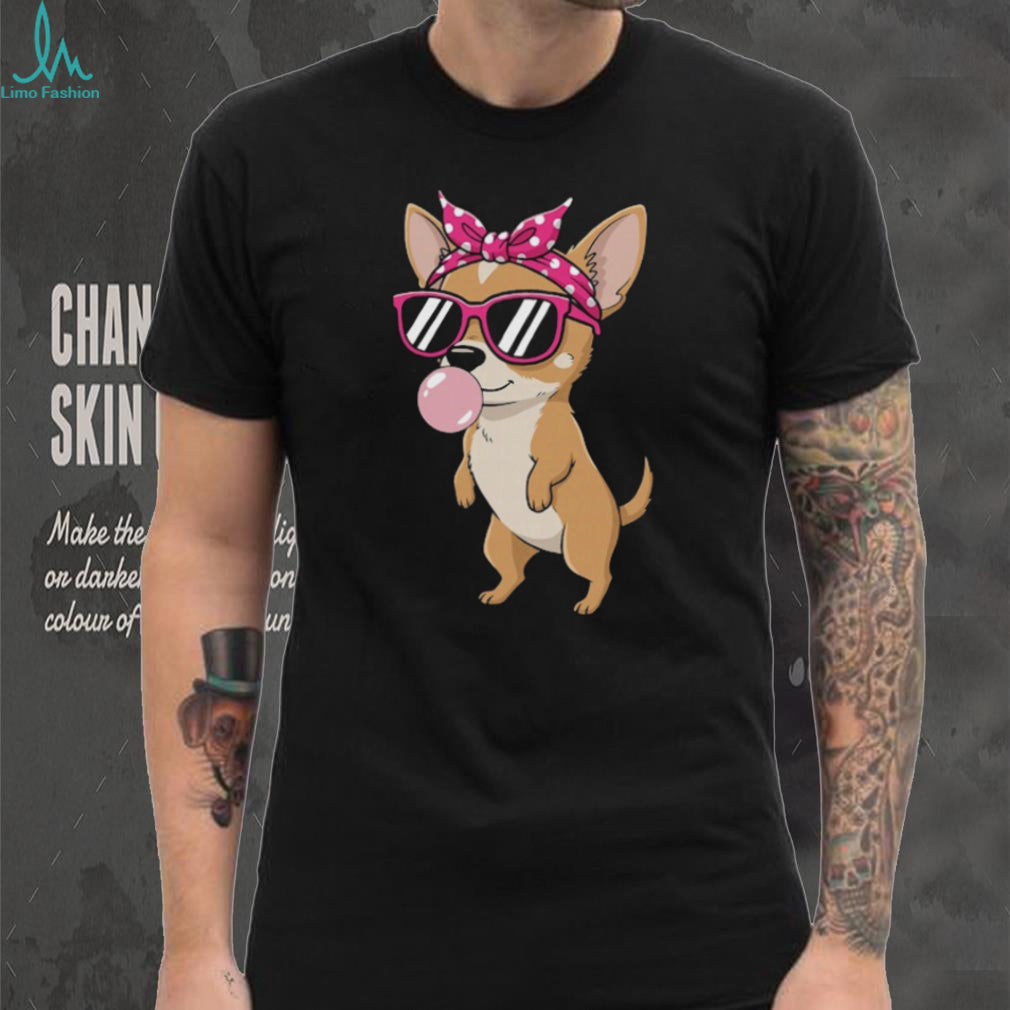 Cool Chihuahua Girl with Sunglasses and Pink Bow Bubblegum T Shirt