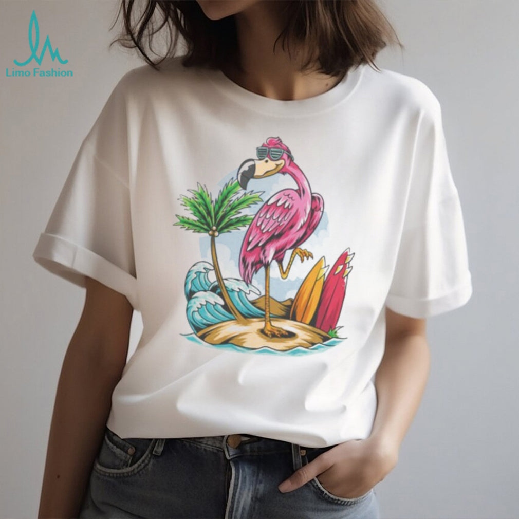 Cool Flamingo Surfer Beach Island Tropical Summer T shirt