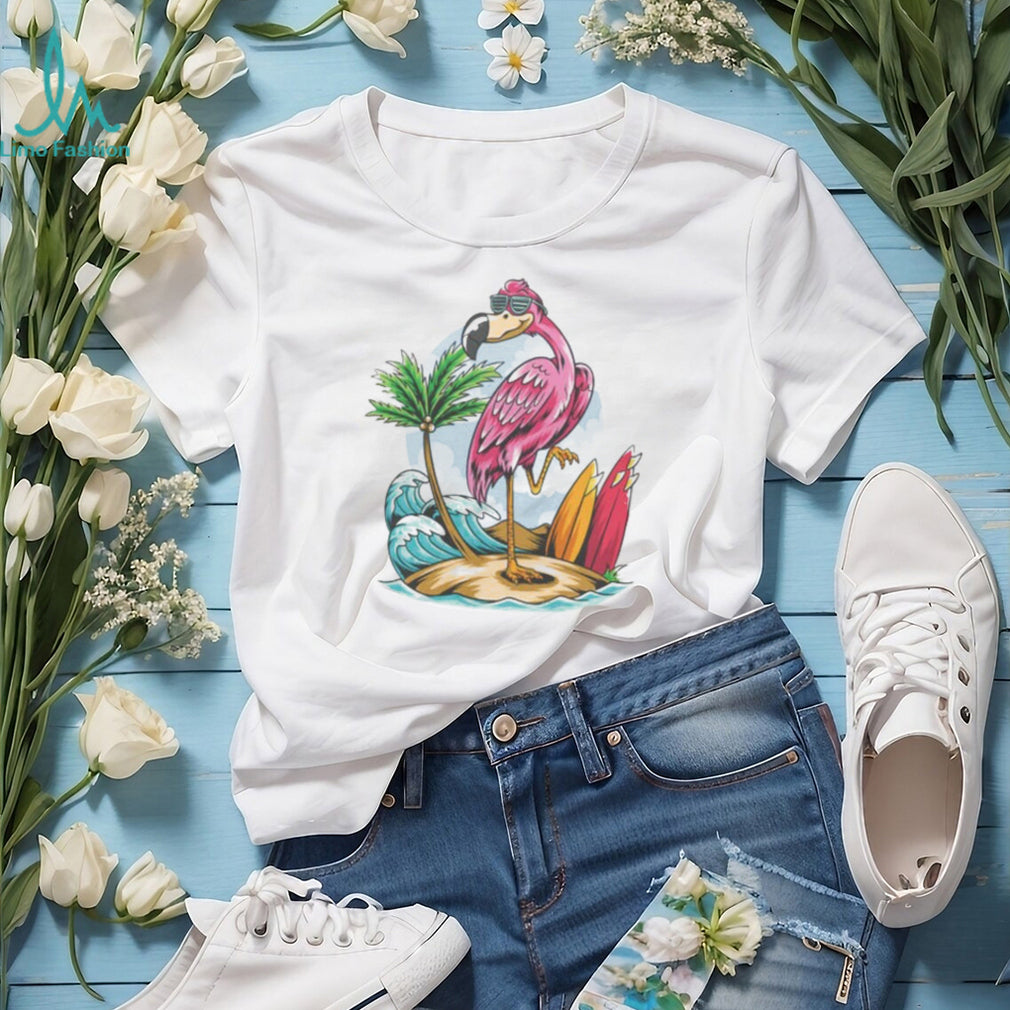 Cool Flamingo Surfer Beach Island Tropical Summer T shirt