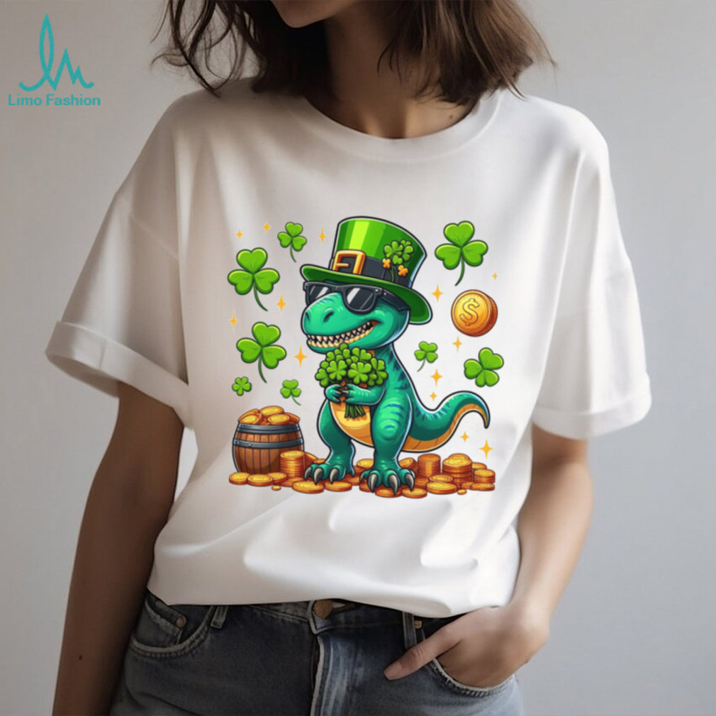 Cool St. Patrick’s Day T Rex Dinosaur with Sunglasses & Pot of Gold T Shirt