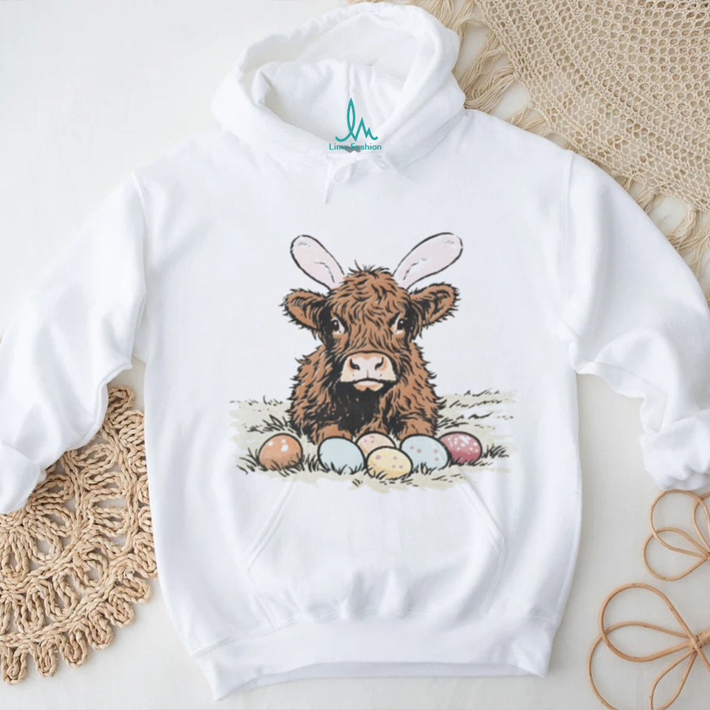 Cute Highland Cow Easter Bunny Ears with Eggs Graphic T Shirt
