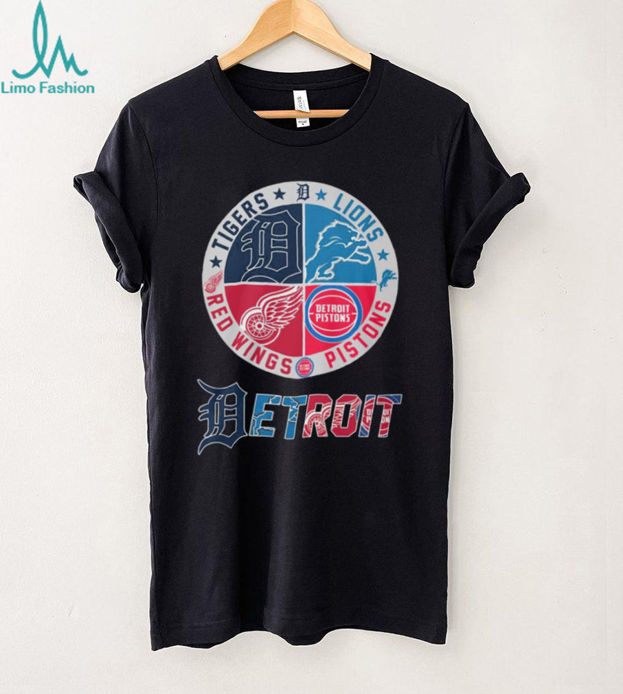 Detroit 4 Way Sports Crest T Shirt Tigers, Lions, Red Wings, Pistons Logo