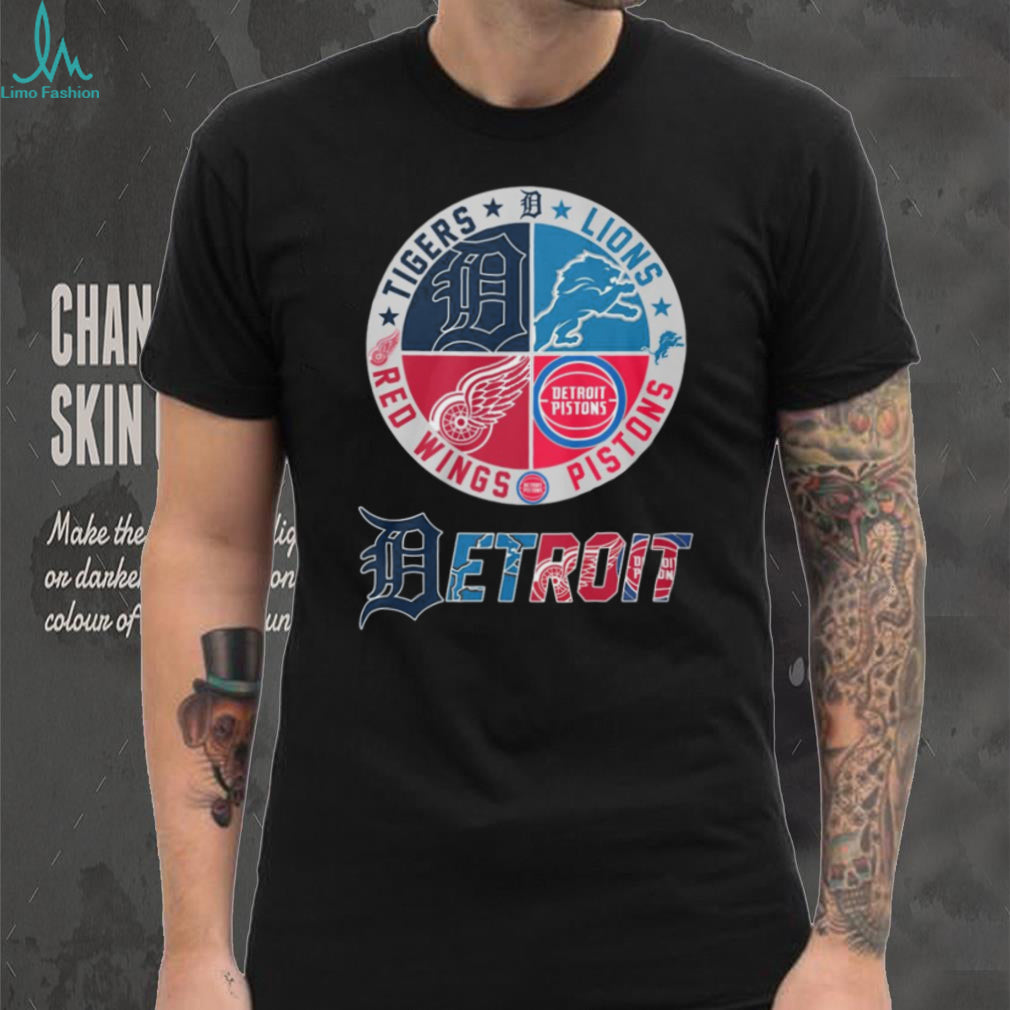 Detroit 4 Way Sports Crest T Shirt Tigers, Lions, Red Wings, Pistons Logo