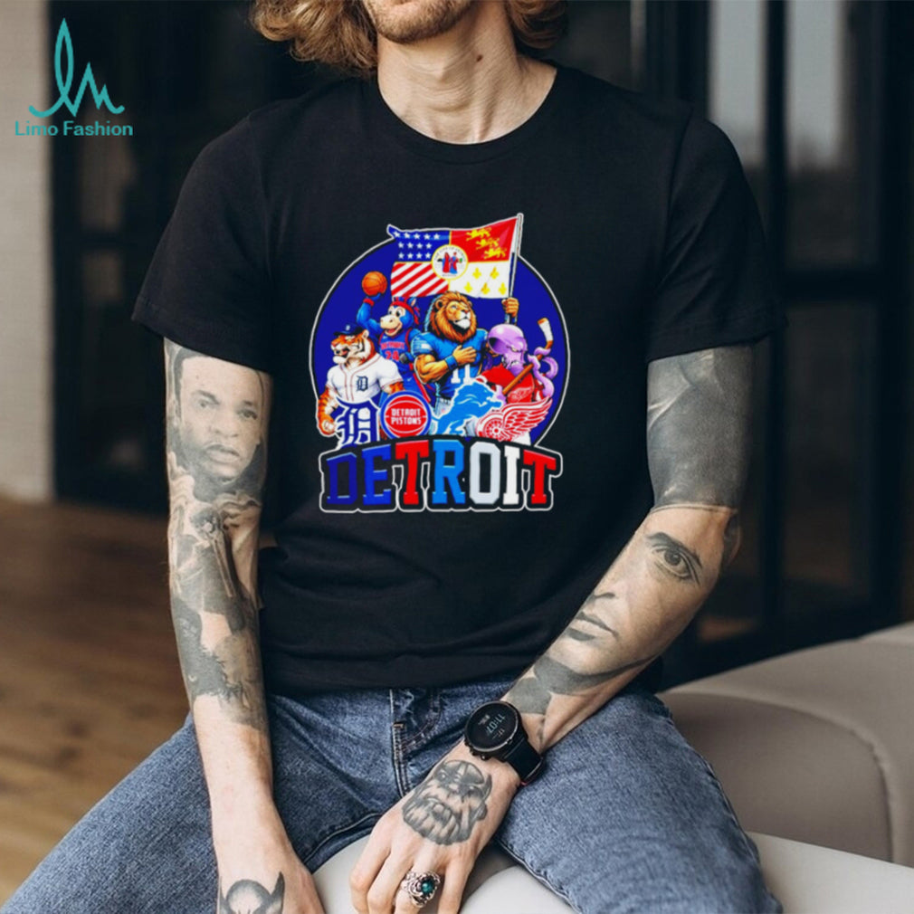 Detroit City Sports Mascots Flag Logo Tigers Lions Pistons Red Wings T Shirt