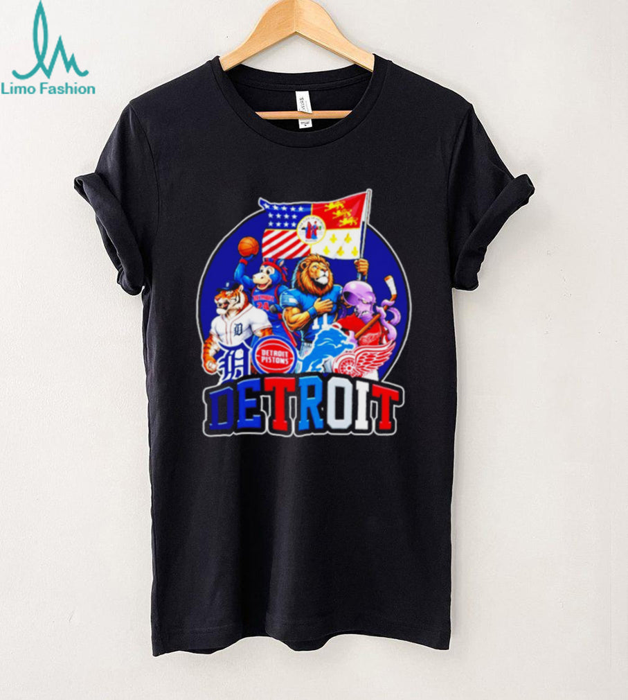 Detroit City Sports Mascots Flag Logo Tigers Lions Pistons Red Wings T Shirt