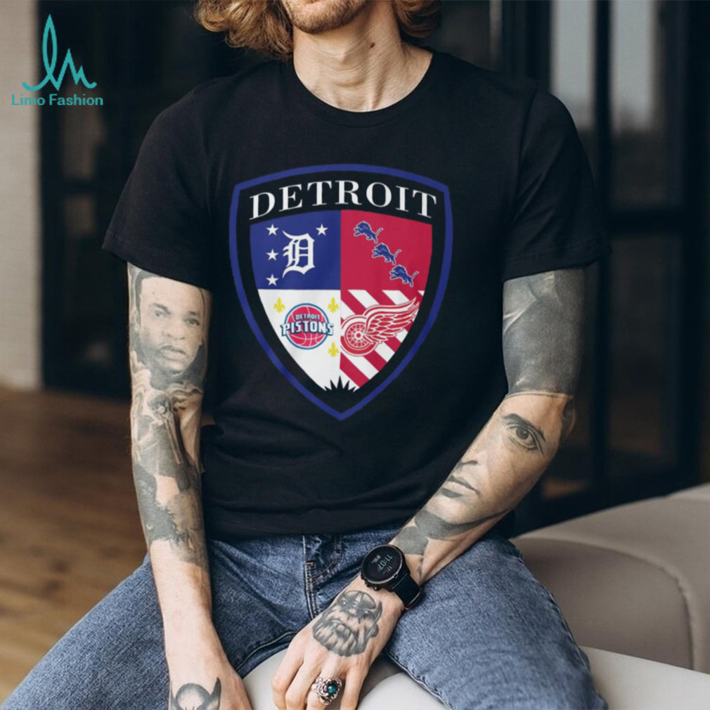 Detroit Sports Teams Shield Tigers Lions Pistons Red Wings Crest T Shirt