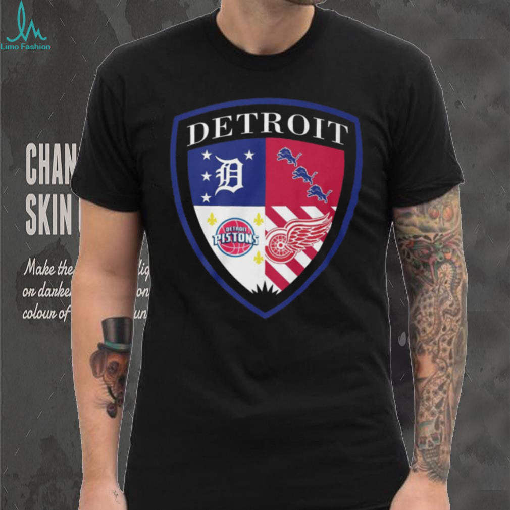 Detroit Sports Teams Shield Tigers Lions Pistons Red Wings Crest T Shirt
