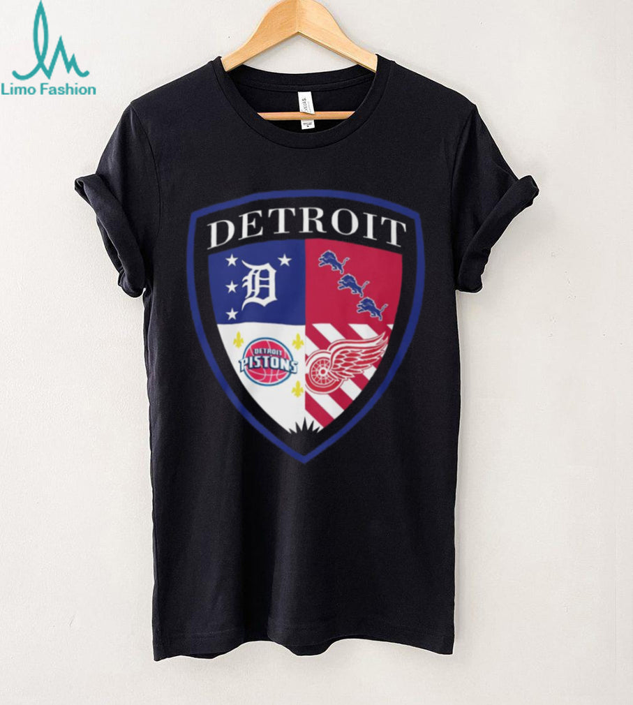 Detroit Sports Teams Shield Tigers Lions Pistons Red Wings Crest T Shirt