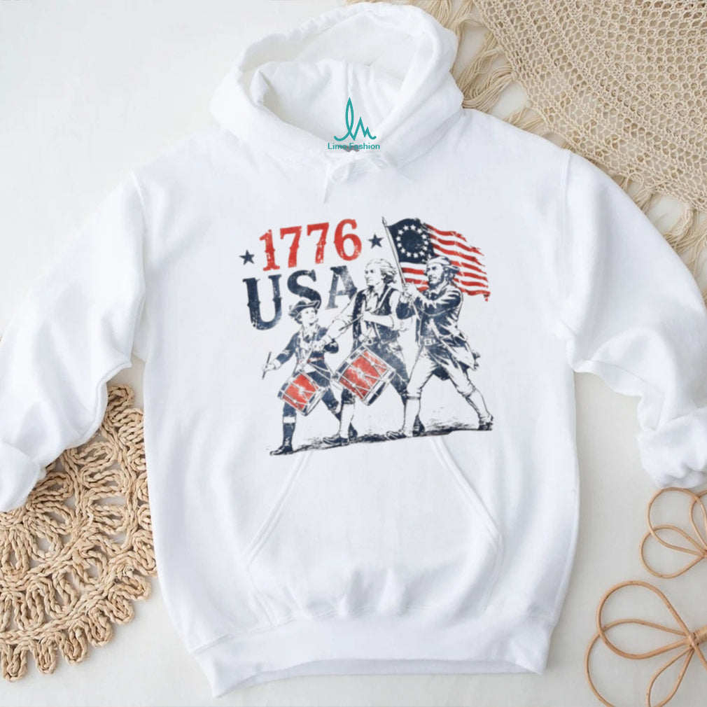 Drummers marching with American flag 1776 USA shirt