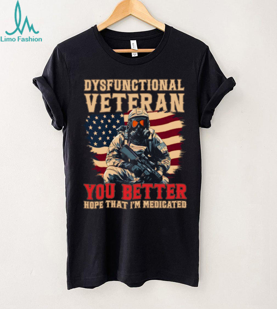 Dysfunctional Veteran Medicated Warning Gas Mask & American Flag T Shirt