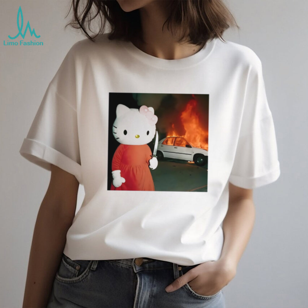 Edgy Cartoon Cat Holding Knife & Burning Car Aesthetic T Shirt