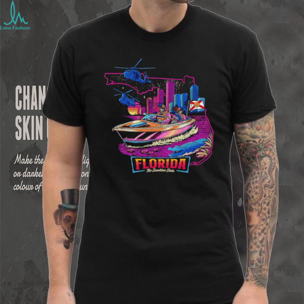 Florida The Sunshine State Neon Retro Boat Scene T Shirt