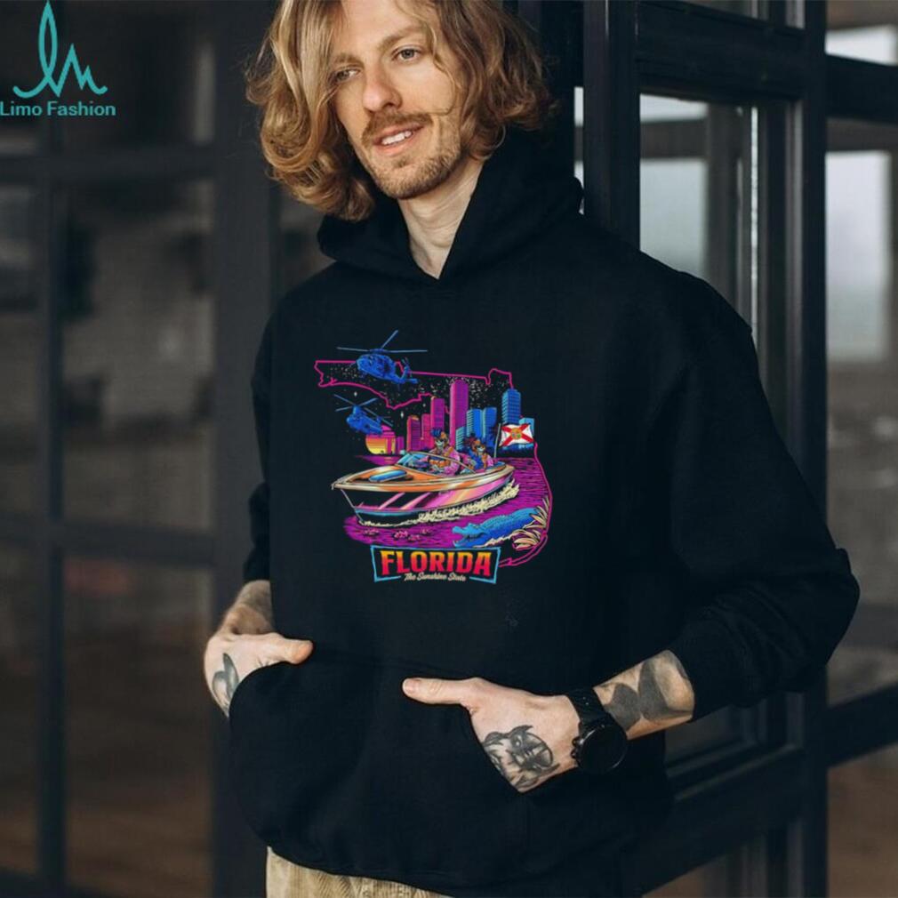 Florida The Sunshine State Neon Retro Boat Scene T Shirt