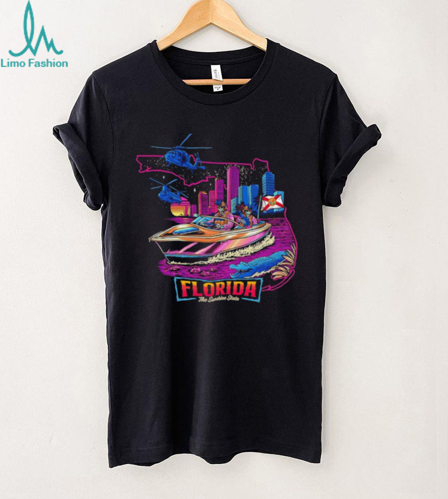 Florida The Sunshine State Neon Retro Boat Scene T Shirt