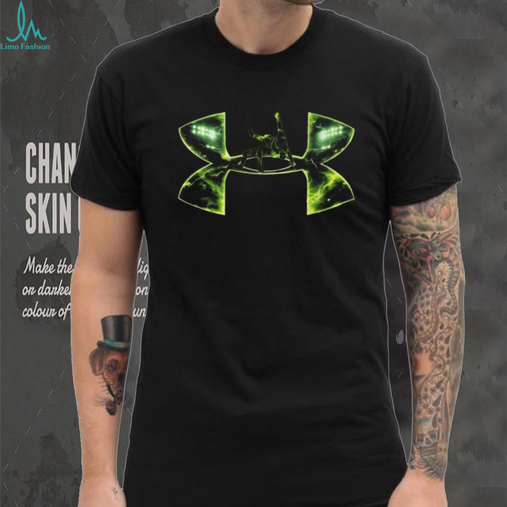 Football Player Celebration T Shirt Green Lightning and Stadium Lights Design
