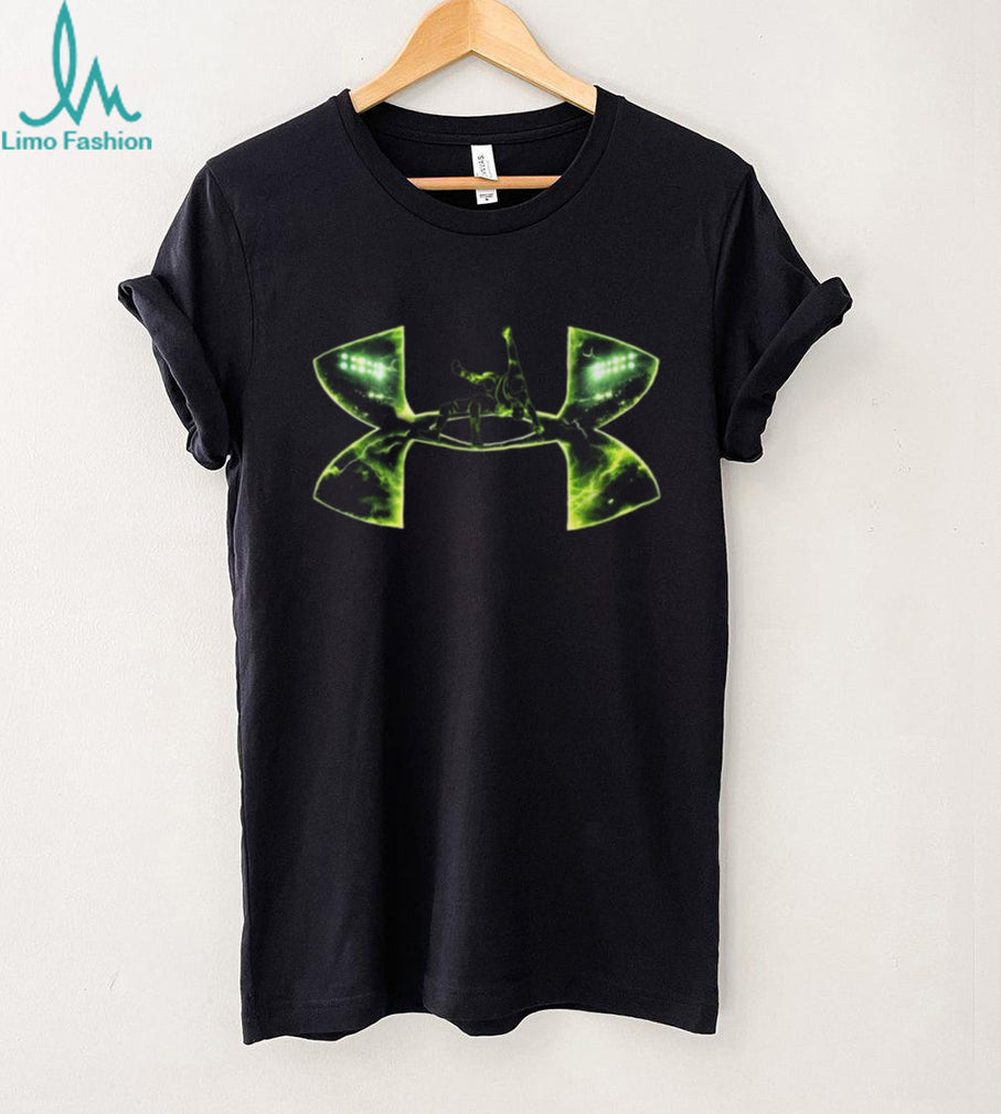 Football Player Celebration T Shirt Green Lightning and Stadium Lights Design
