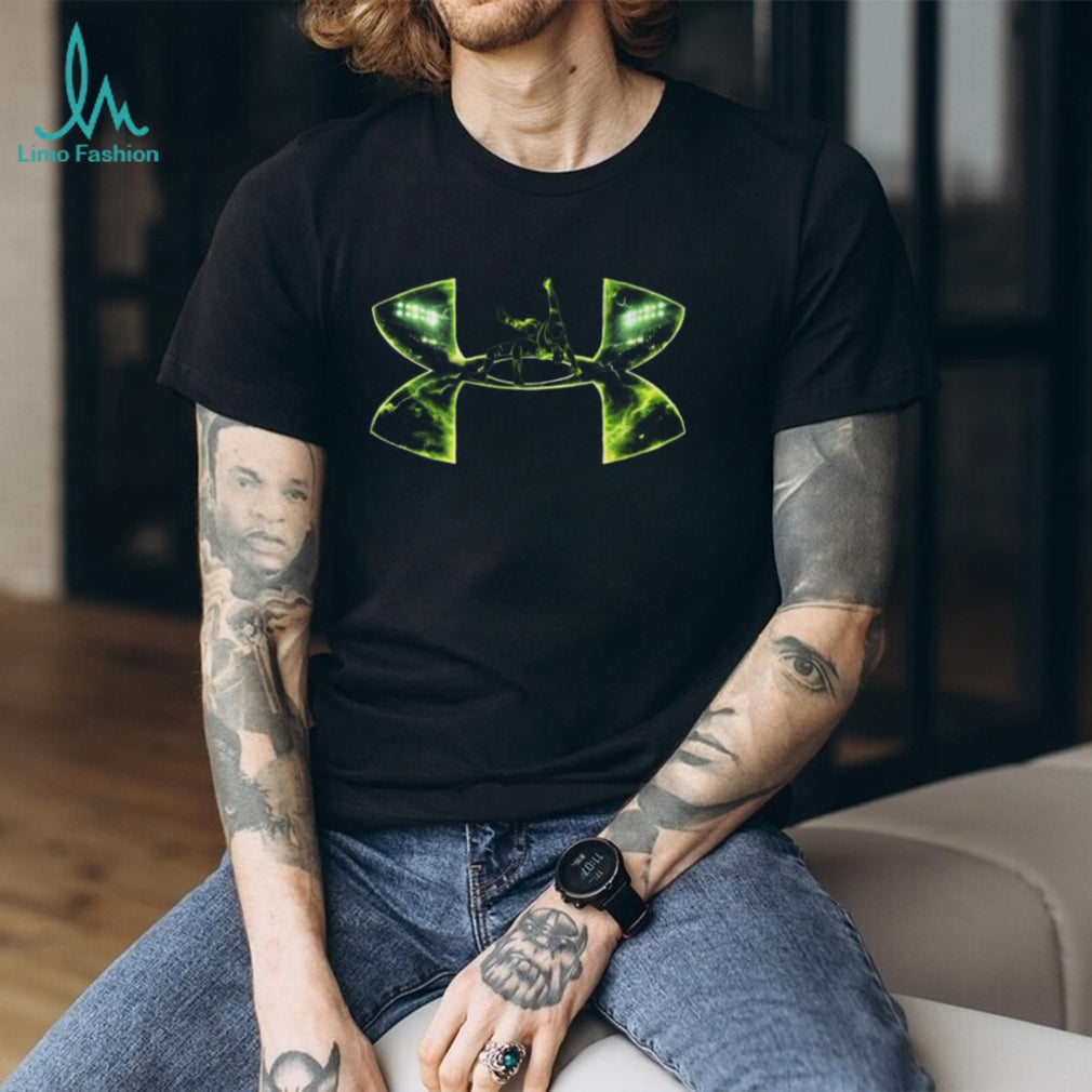 Football Player Celebration T Shirt Green Lightning and Stadium Lights Design