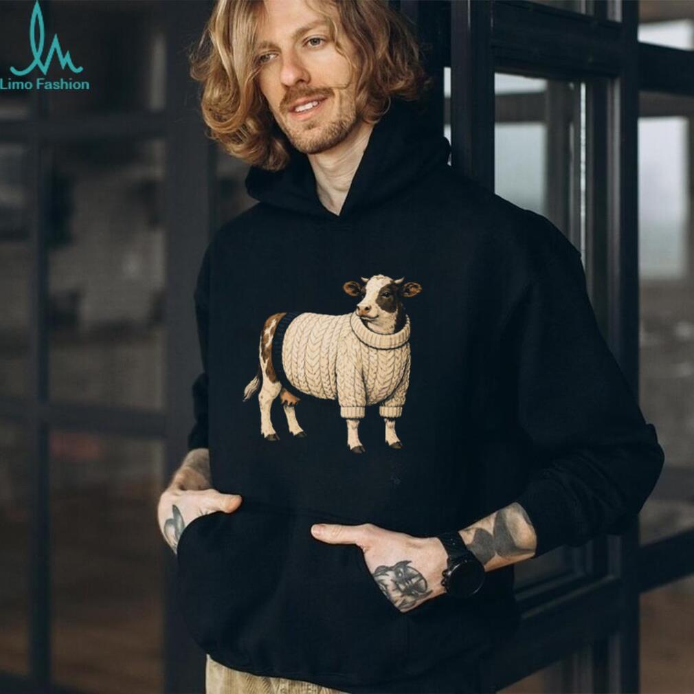 Funny Cow Wearing White Chunky Knit Sweater T Shirt
