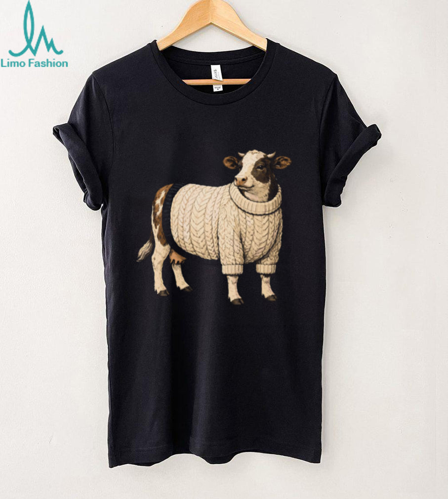 Funny Cow Wearing White Chunky Knit Sweater T Shirt