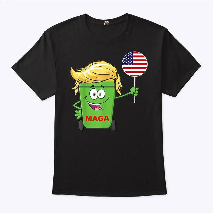 Funny Trump MAGA Cartoon Garbage Can American Flag Shirt