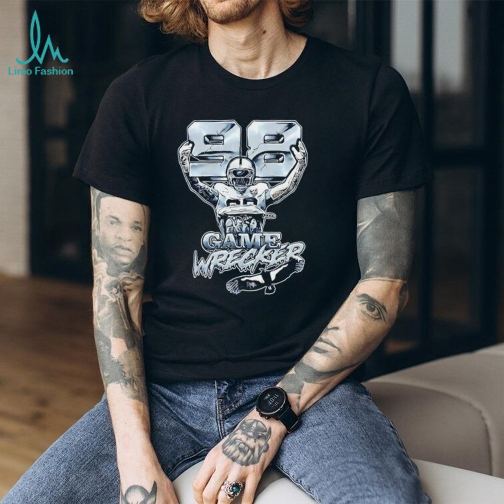 Game Wrecker #98 Football Player Silver Chrome Graphic T Shirt