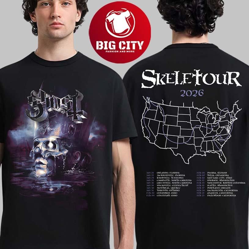 Ghost Skeletour 2026 North America Merch Official Artwork Papa V Perpetua With Dates Back Two Sided Shirt