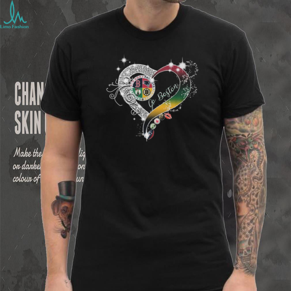 Go Boston Sports Teams Heart Glitter Diamond T Shirt