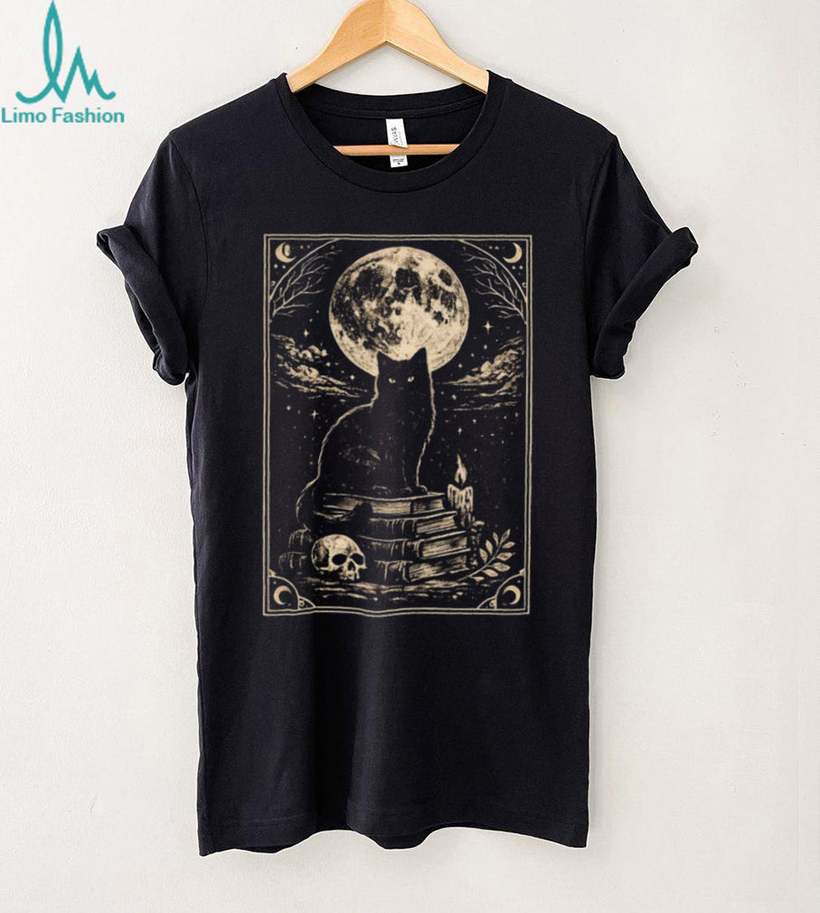 Gothic Black Cat on Ancient Books Full Moon Occult Dark Academia T Shirt
