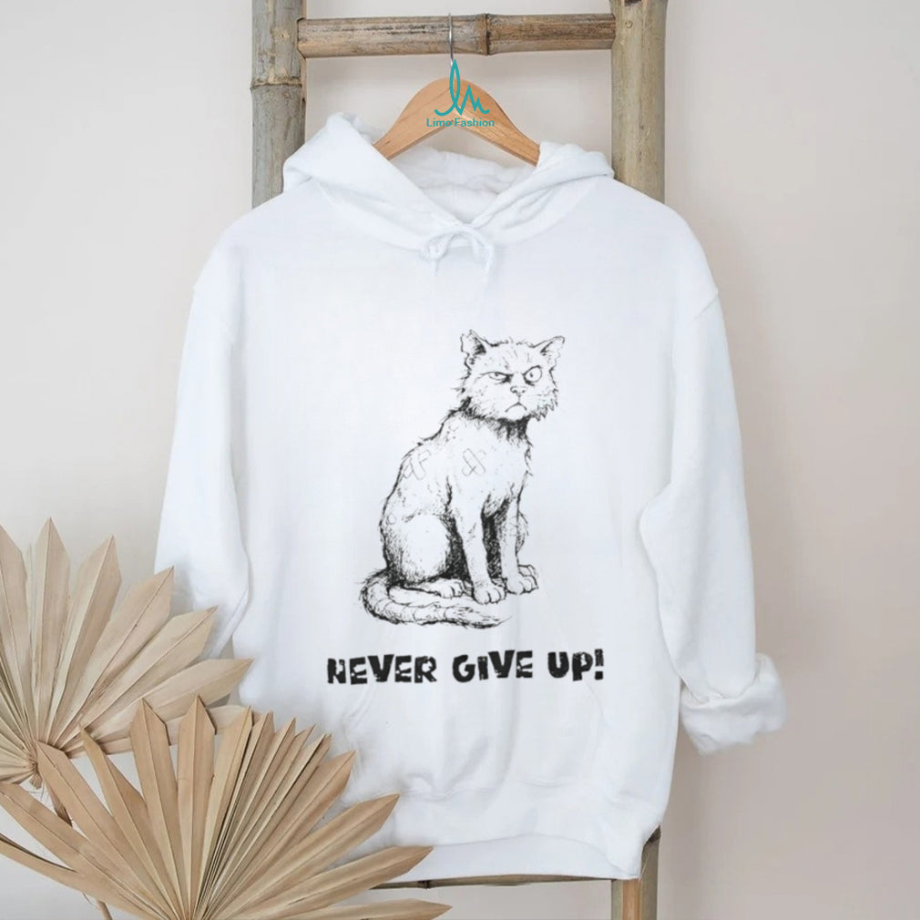 Grumpy Battle Scarred Cat “Never Give Up” Motivational T Shirt