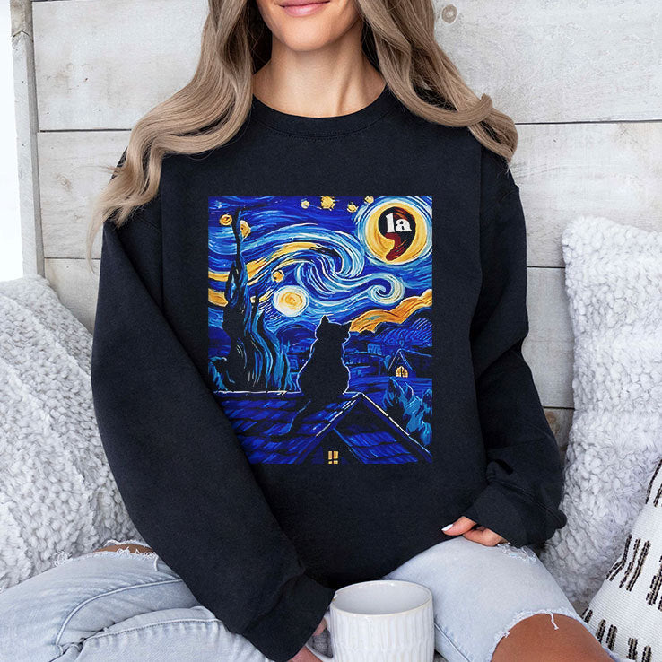 Halloween Starry Night Black Cat Comma La Kamala Harris Shirt