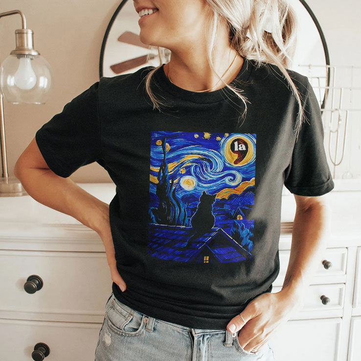 Halloween Starry Night Black Cat Comma La Kamala Harris Shirt