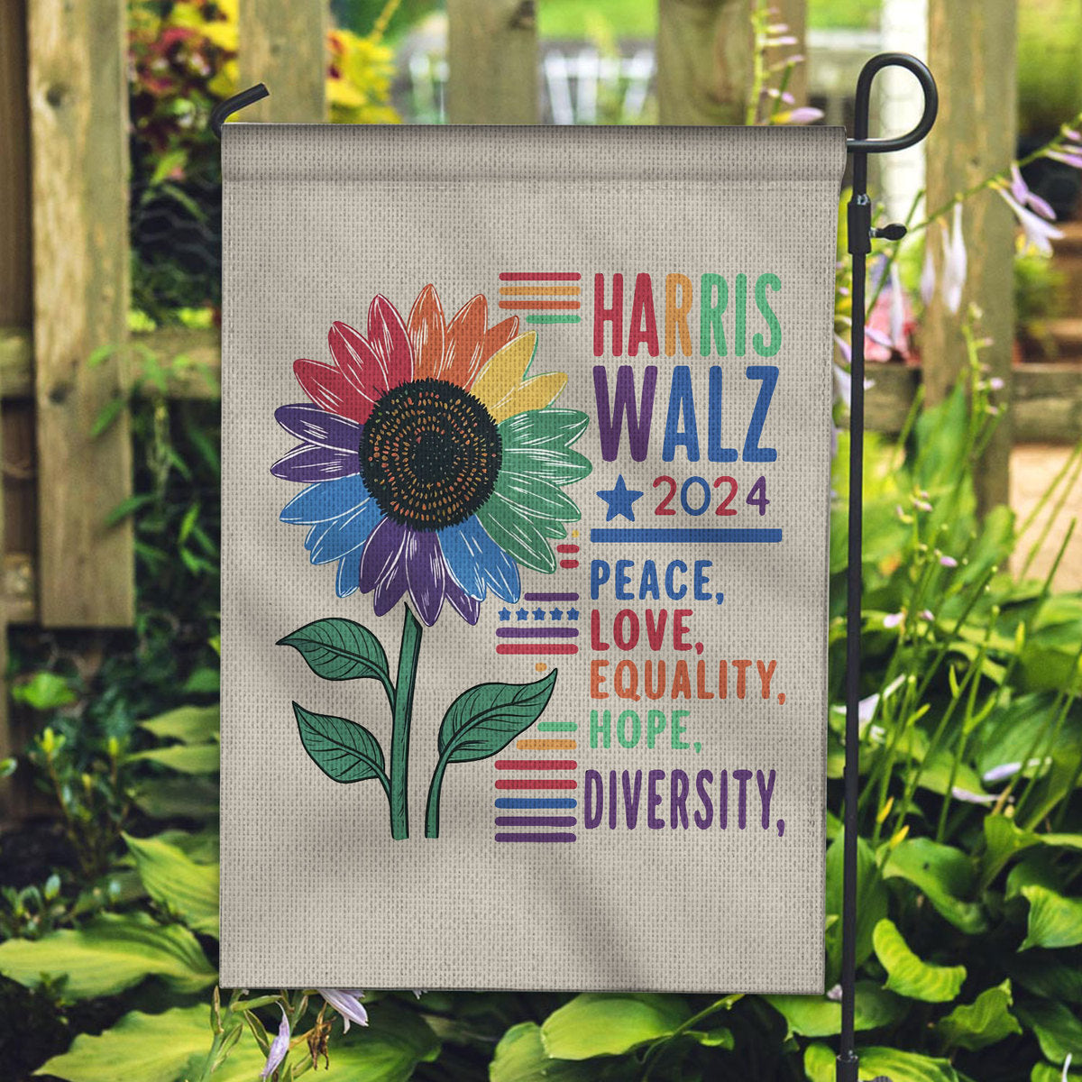 Harris Walz 2024 Peace Love Equality Hope Diversity Garden Flag