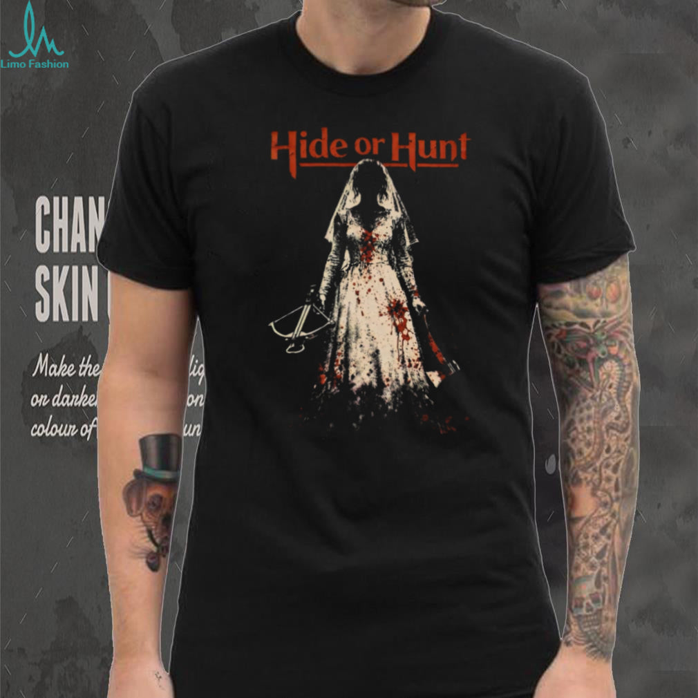 “Hide or Hunt” Horror Movie Inspired Blood Splatter Bride T Shirt