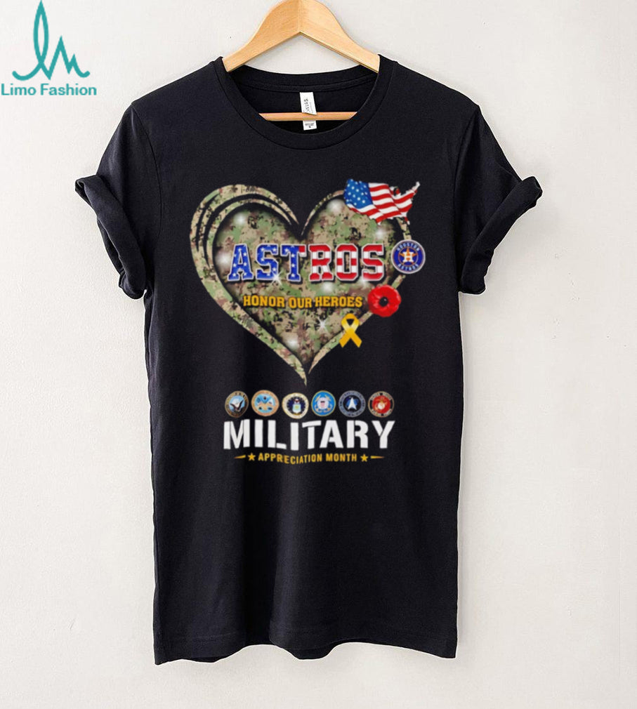Houston Astros Military Appreciation Month Honor Our Heroes Camo Heart T Shirt