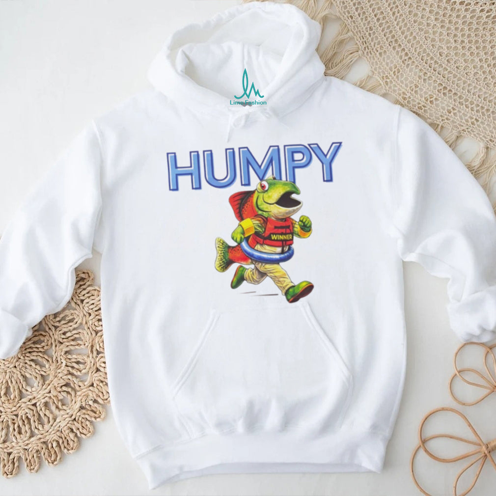 Humpy The Winner Cartoon Running Salmon Mascot T Shirt