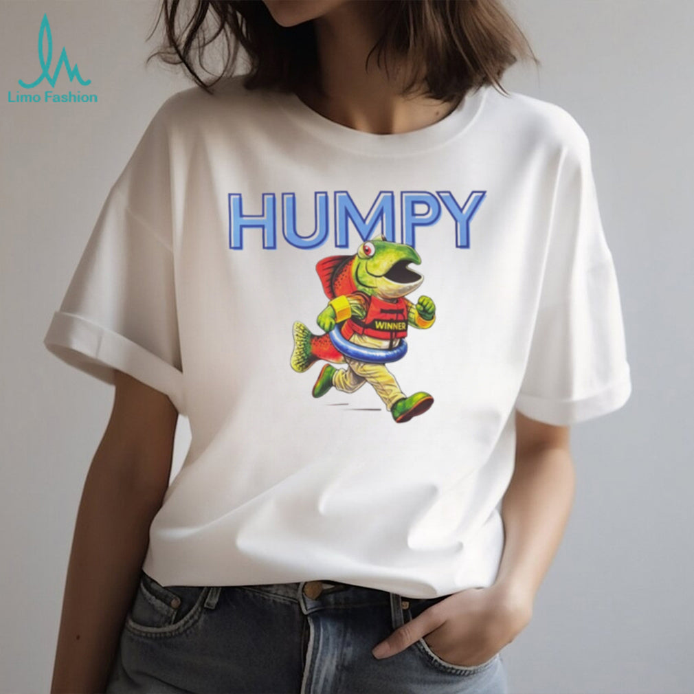 Humpy The Winner Cartoon Running Salmon Mascot T Shirt