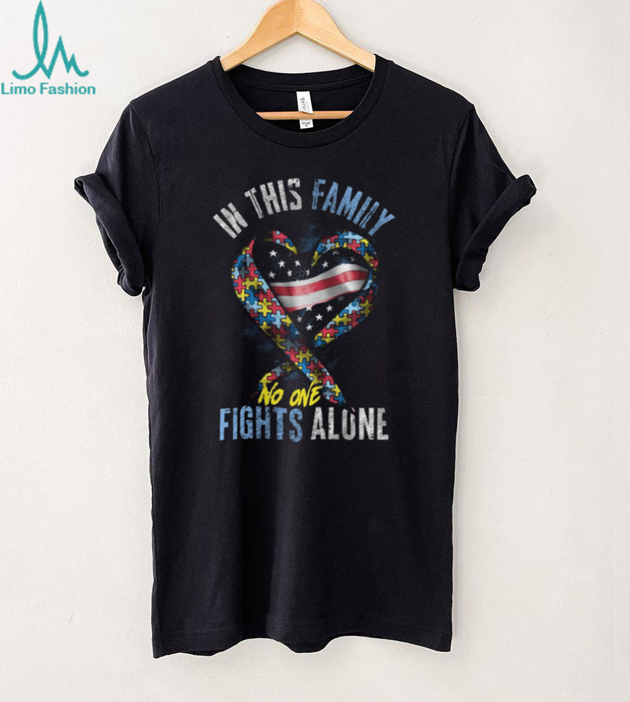 In This Family No One Fights Alone Autism Awareness American Flag Heart T Shirt