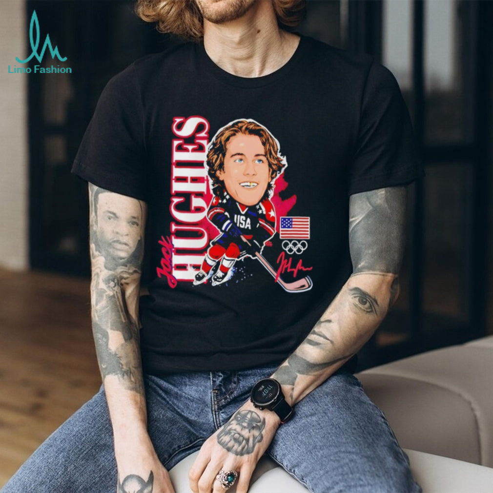 Jack Hughes USA Olympic Hockey Caricature Signature T Shirt
