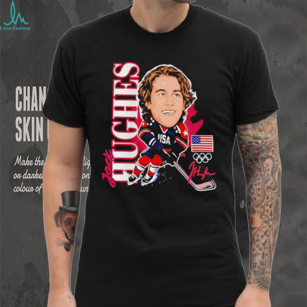 Jack Hughes USA Olympic Hockey Caricature Signature T Shirt