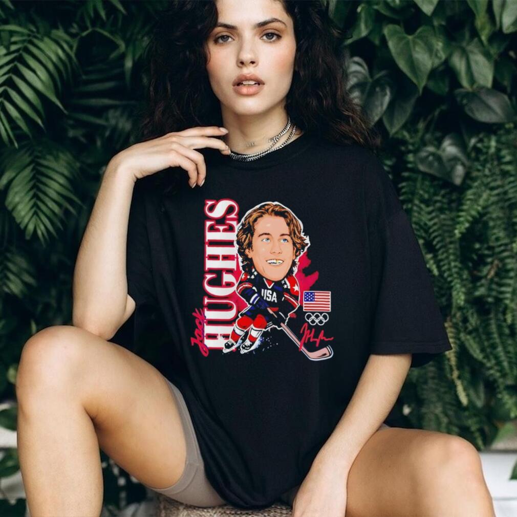 Jack Hughes USA Olympic Hockey Caricature Signature T Shirt