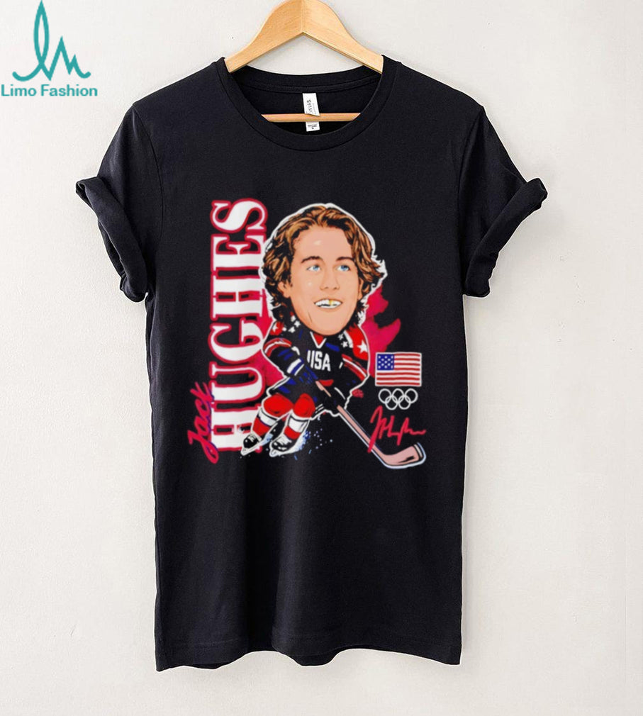 Jack Hughes USA Olympic Hockey Caricature Signature T Shirt