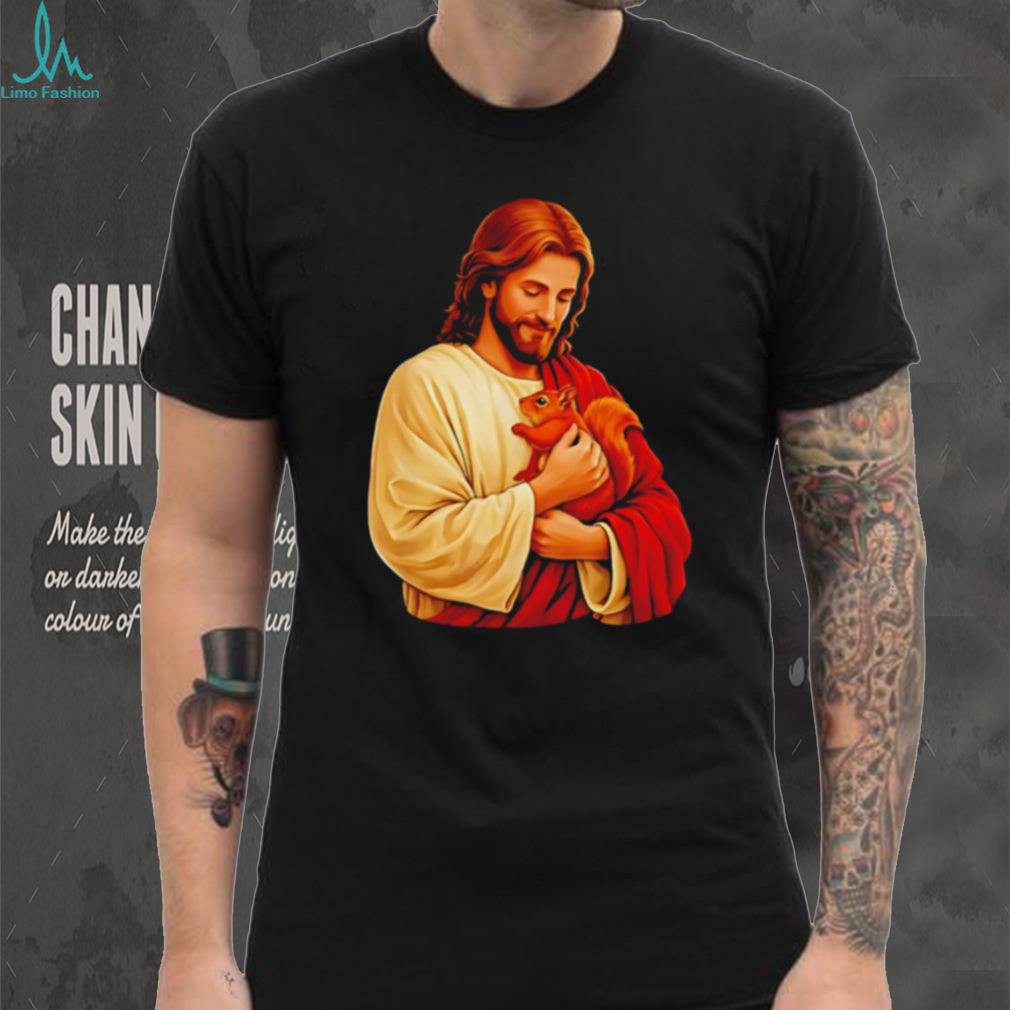 Jesus Holding a Squirrel Religious Animal Lover Graphic T Shirt